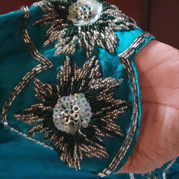 Vtg 80s Sequin Waist Flower Silk Dress - Picture 3 of 9